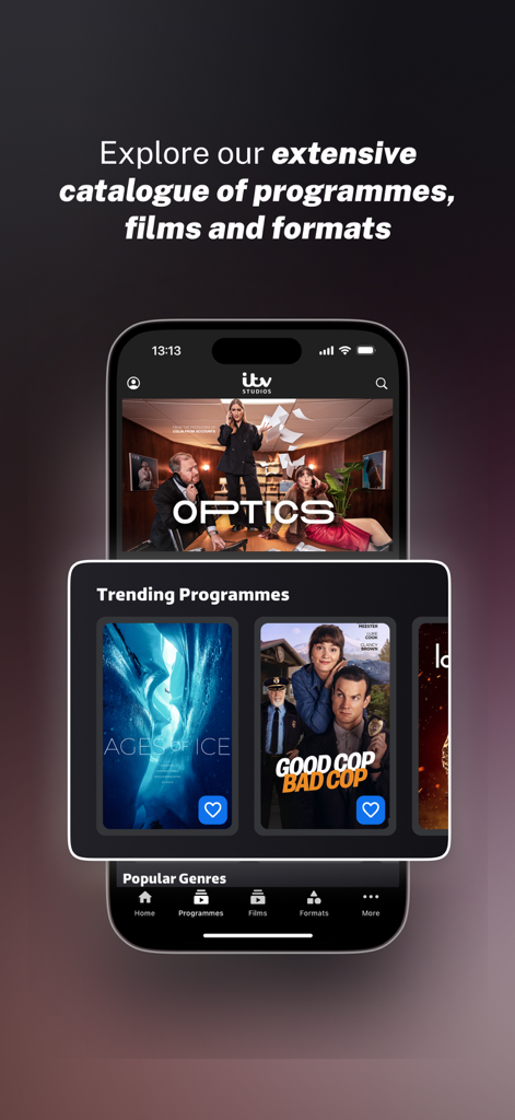 ITV Studios: Watch Anywhere - Mobile interface of the ITV Studios B2B app showing a catalogue of trending programmes and films for media professionals.