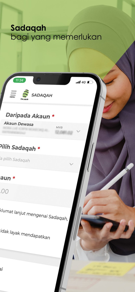 Smartphone-Bildschirm der THiJARI-App, der die Sadaqah-Spendenfunktion innerhalb der THiJARI-App zeigt