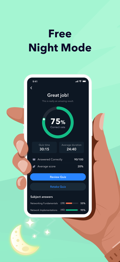 CompTIA CySA plus exam prep app night mode interface showing quiz results and progress tracking