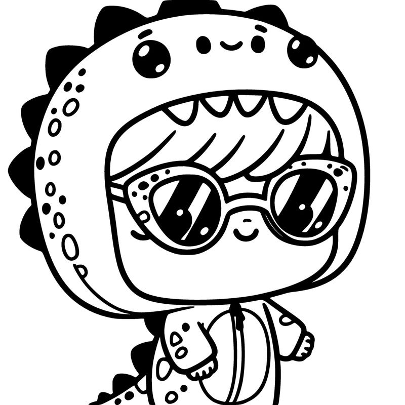 cute girl in a dino suit with sunglasses