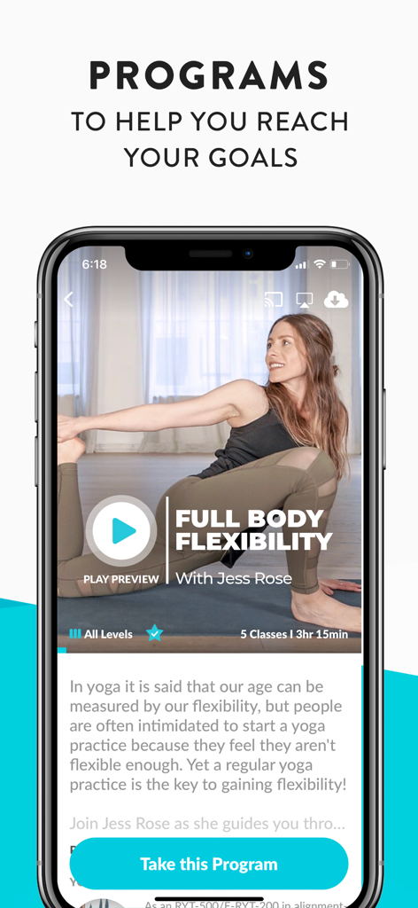 YouAligned mobile app displaying a full body flexibility yoga program by instructor Jess Rose.