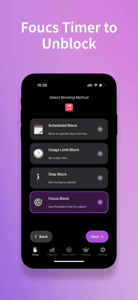 StepBloc: Screen Time Blocker - StepBloc app interface showing the Focus Block method using a Pomodoro timer to unblock apps