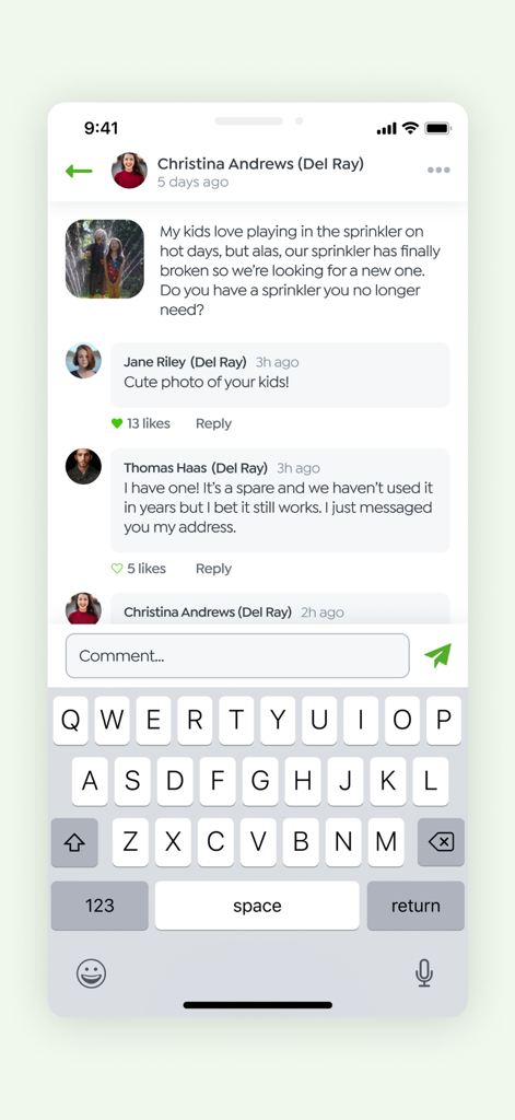 Uno screenshot di una chat di comunità nell'app BuyNothing in cui i vicini offrono e richiedono oggetti gratuitamente