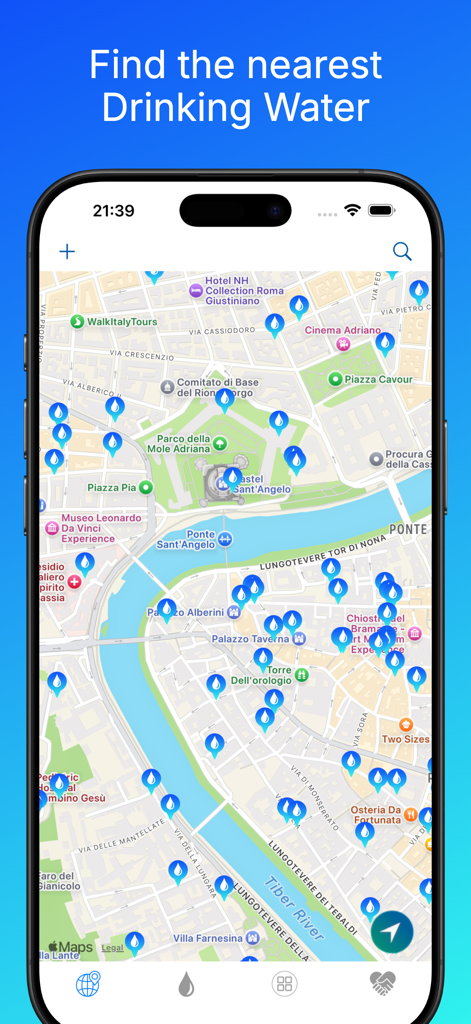 Interfaz de la aplicación Aguas Potables mostrando un mapa de fuentes públicas de agua en Roma