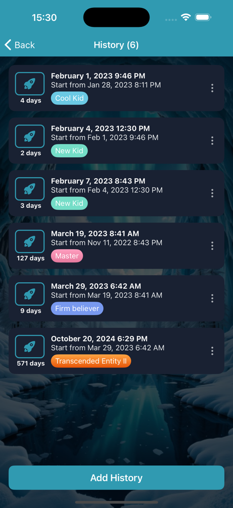 Iron Will: Quit your addiction - Screen displaying a list of addiction recovery streaks with earned rank badges in the Iron Will app