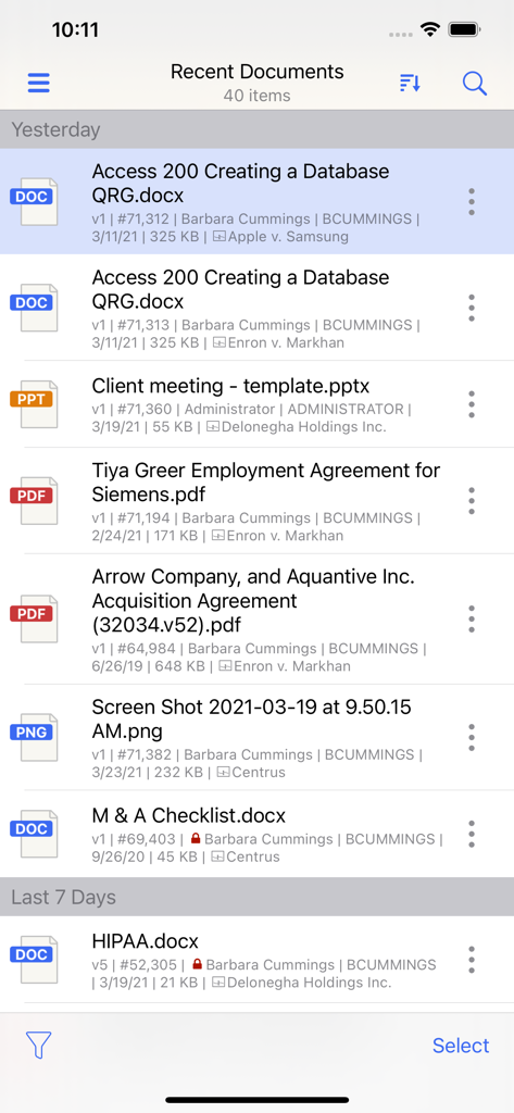 iManage Work 10 Mobility - Mobile view of the recent documents screen in the iManage Work 10 app showing a list of professional files
