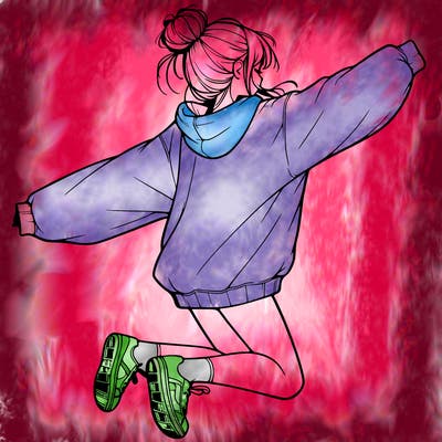 realistic girl jumping with a bun and oversized sweatshirt