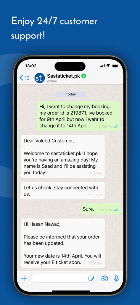 Mobile screen showing Sastaticket.pk 24/7 customer support chat for flight booking changes