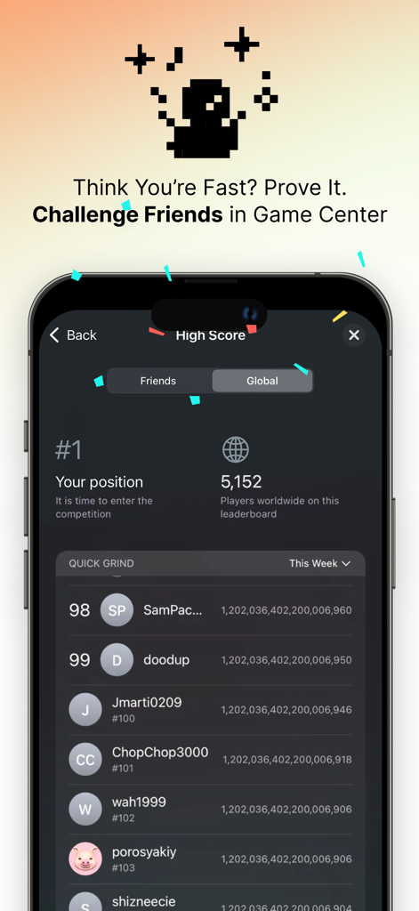 Una interfaz de tabla de clasificación global y de amigos en la aplicación Steve Dino Run que muestra las clasificaciones y puntuaciones más altas de los jugadores.