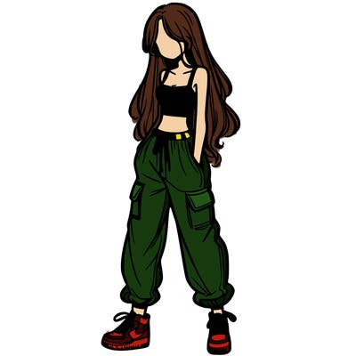 girl in baggy pants crop top and long hair