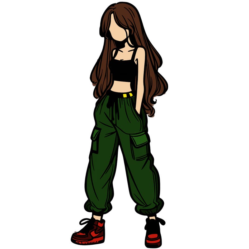 girl in baggy pants crop top and long hair