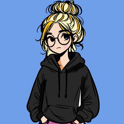 teen girl with a messy bun and glasses wearing a loose hoodie and jeans