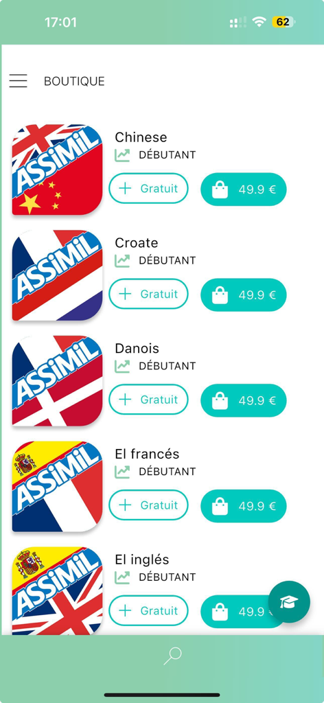 Assimil - Learn languages - Assimil app boutique showing language courses for beginners with trial and purchase options.