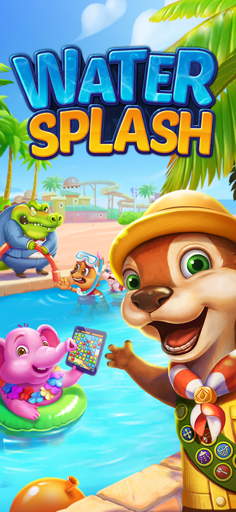 Water Splash – Cool Match 3 - Oris the Otter and animal friends at a sunny water park in Water Splash Match 3 game