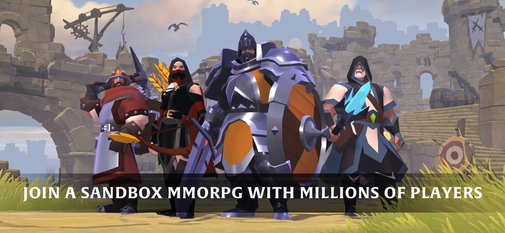 Albion Online - Four Albion Online characters representing different gear styles standing in front of a medieval castle
