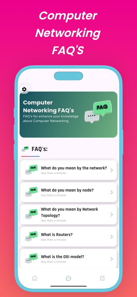 Learn Computer Networking Pro - A mobile app interface displaying computer networking faq questions like what is a node and what is the osi model