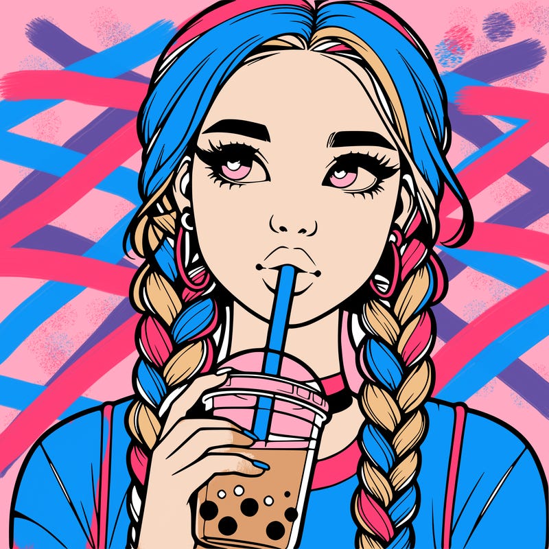 realistic girl with braided hair drinking boba