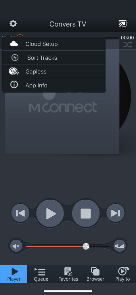 mconnect Player - mconnect Player app interface showing music playback controls and a settings menu with options for gapless playback and cloud setup