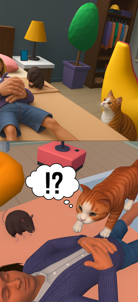 Cat Life Virtual Pet Simulator - Um gato malhado laranja interagindo com seu dono em uma sala 3D com um rato e uma toupeira.