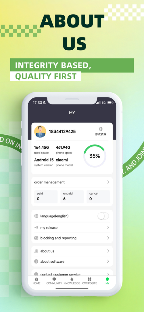 Quick extreme recovery app profile interface showing user account details storage statistics and service settings