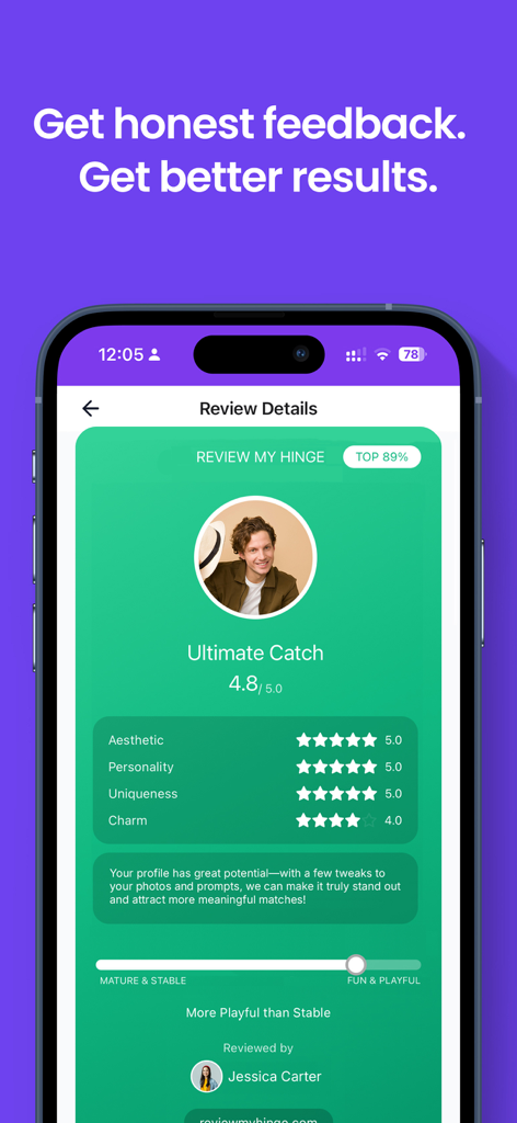 Review My Hinge - A detailed Hinge profile review screen showing ratings for aesthetic and personality with feedback from a reviewer