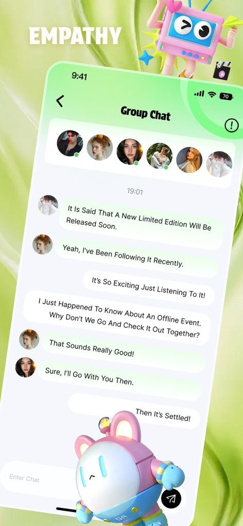 Mizy app group chat screen showing users discussing limited edition toy releases and local meetups