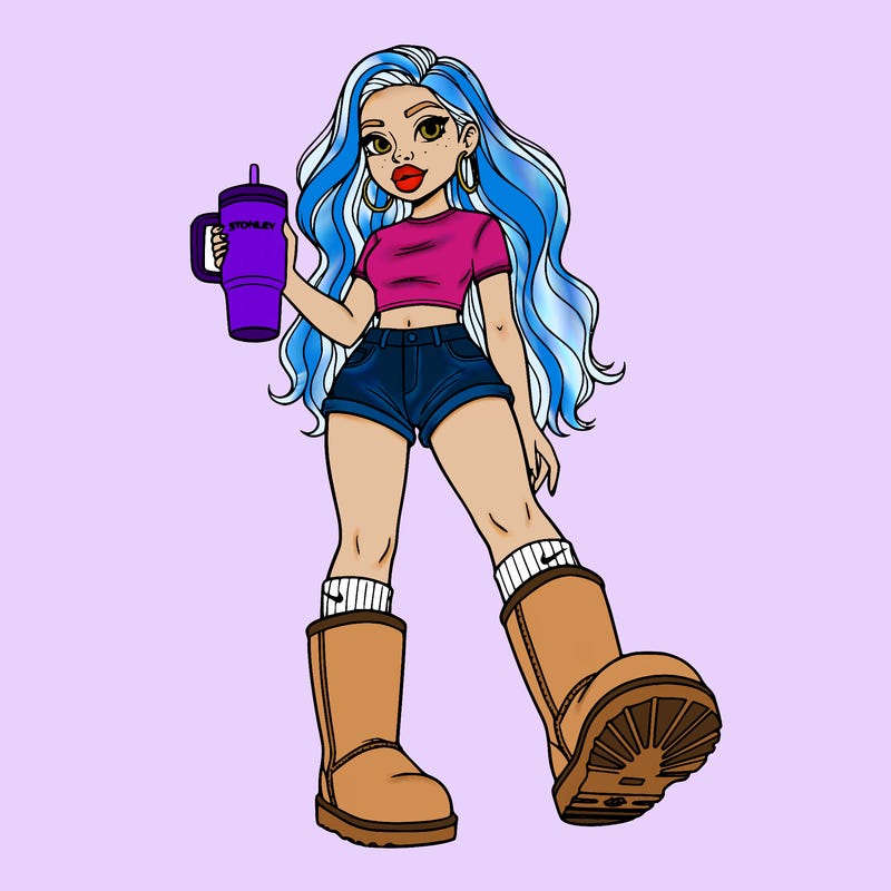 short girl with long wavy hair short shorts crop top wearing uggs and nike socks holding a stanley cup has earing and big lips she's short and really cute
