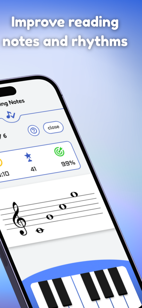 Go Practice Music - Interface do aplicativo Go Practice Music mostrando um treinador de leitura de notas com uma pauta musical e um teclado de piano