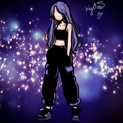 girl in baggy pants crop top and long hair