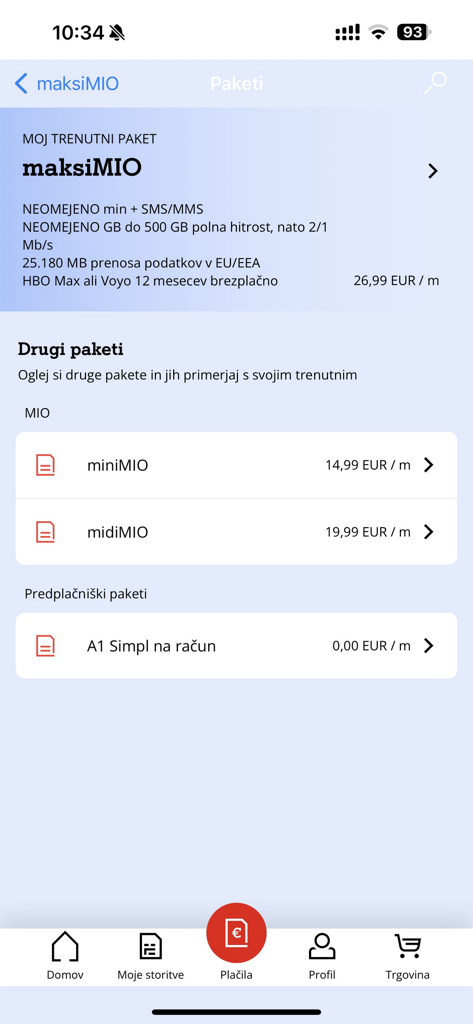 Moj A1 - Interface of the Moj A1 app showing the current mobile plan details and a list of alternative subscription packages with prices.