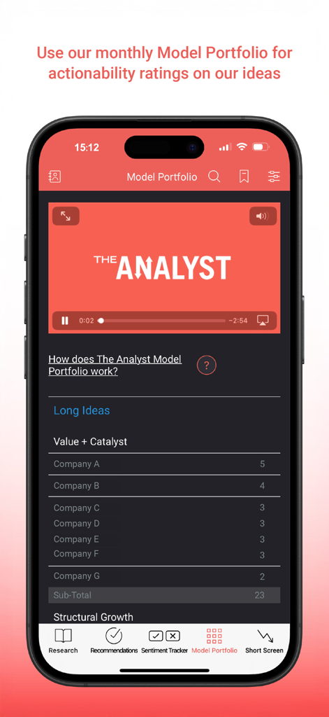The Analyst App - The Analyst App interface displaying a model portfolio with long investment ideas and actionability ratings.