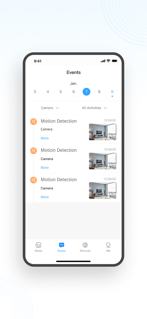 Sight Bulb - Sight Bulb app interface showing recorded motion detection events with timestamps