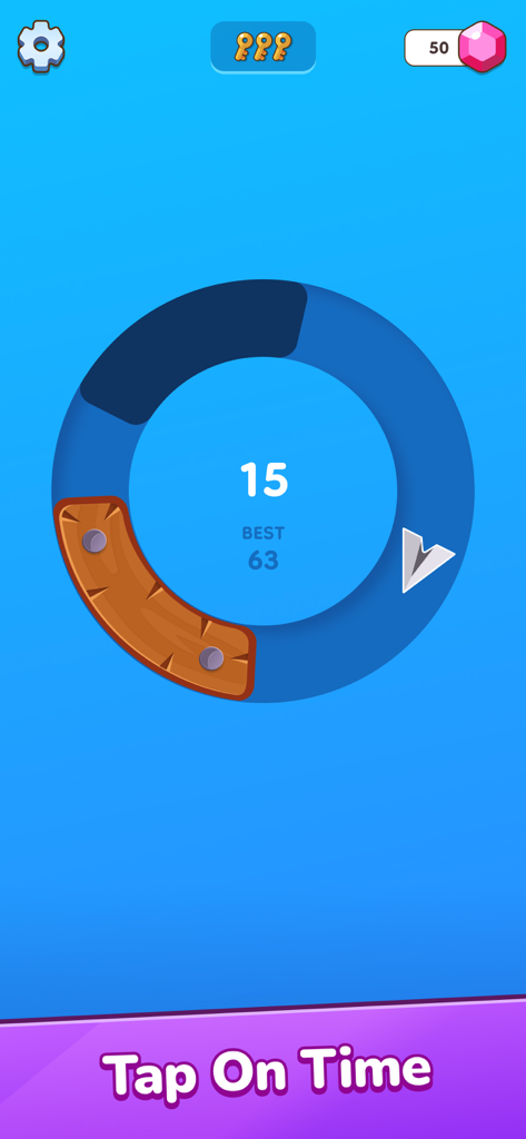 Tap on Time! - Gameplay screen of Tap on Time showing a circular reflex challenge with a wooden target segment