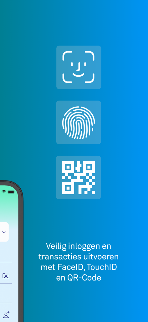 Triodos Banking BE - Interfaz de la aplicación Triodos Banking que muestra los métodos de inicio de sesión seguros FaceID TouchID y código QR