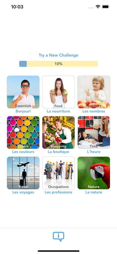 Menü zur Lektionsauswahl, das verschiedene Themen wie Essen, Reisen und Zahlen mit einer Fortschrittsleiste anzeigt