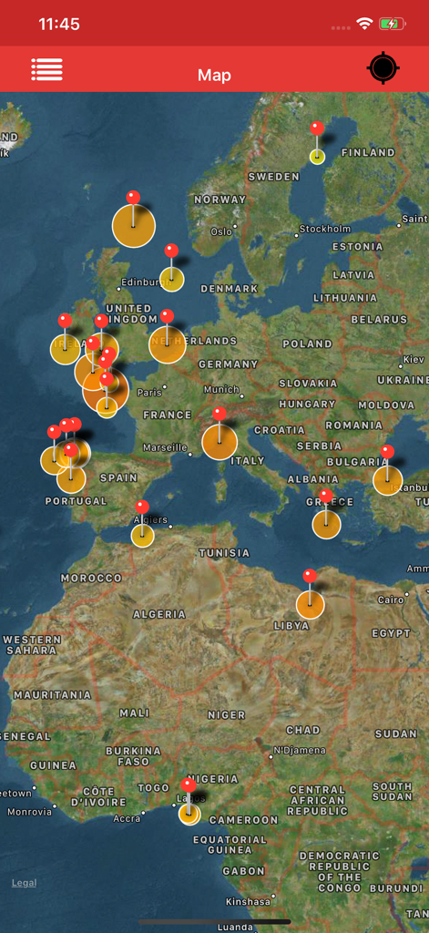 Satellite map view with multiple red pin markers and orange circles representing KMZ data points in the app