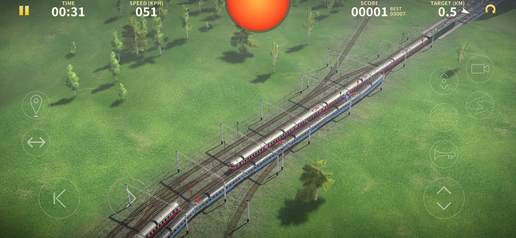 Electric Trains - Top down view of two passenger trains passing each other on parallel tracks in a green landscape