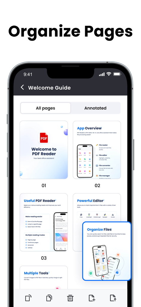 PDF Reader & PDF Editor - 整理と編集のためのドキュメントページのグリッドを表示するモバイルアプリのインターフェース