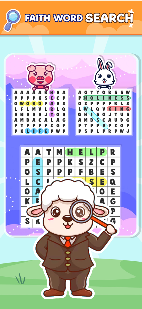 Bible Word Search Puzzle Games - Uma captura de tela do aplicativo Faith Word Search apresentando quebra-cabeças de palavras coloridos e personagens fofos de desenhos animados.