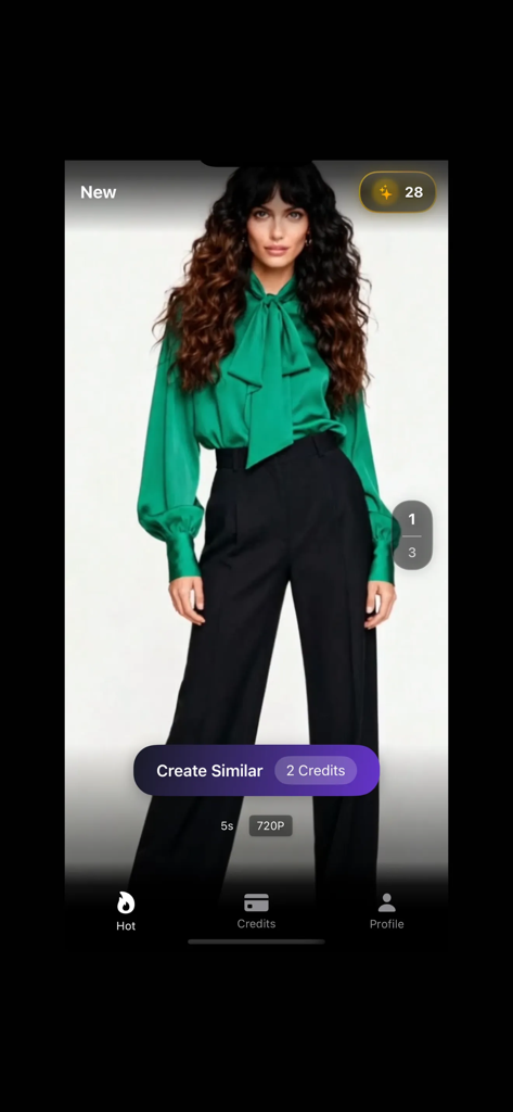 AINunaVideo - AINunaVideo mobile app interface showing a portrait of a woman with curly hair in a green blouse and a Create Similar button to generate AI video content