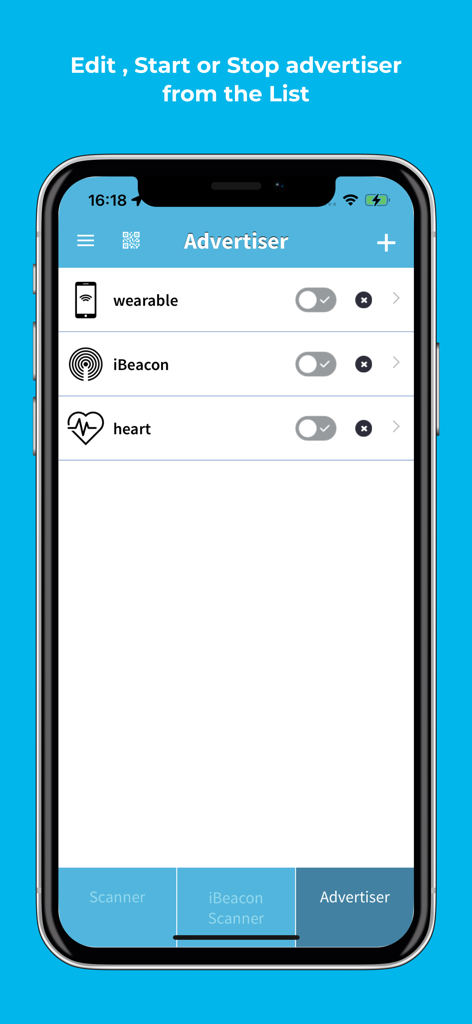 BLE Scanner 4.0 app Advertiser screen displaying a list of virtual Bluetooth Low Energy devices