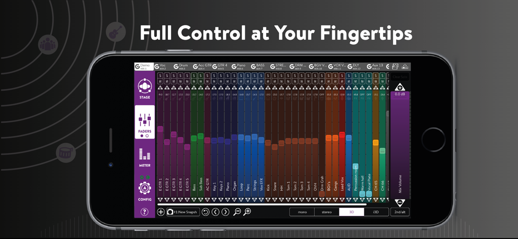 KLANG:app 5 - Interface do KLANG:app 5 em um smartphone mostrando faders e controles profissionais de mixagem de áudio