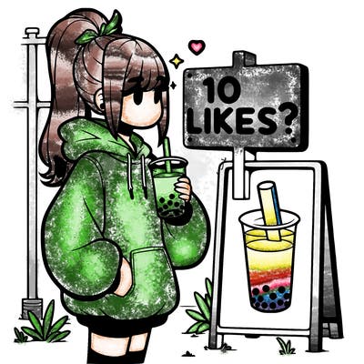 girl with oversized hoodie drinking boba and she has a high ponytail with a sign that says 10likes?