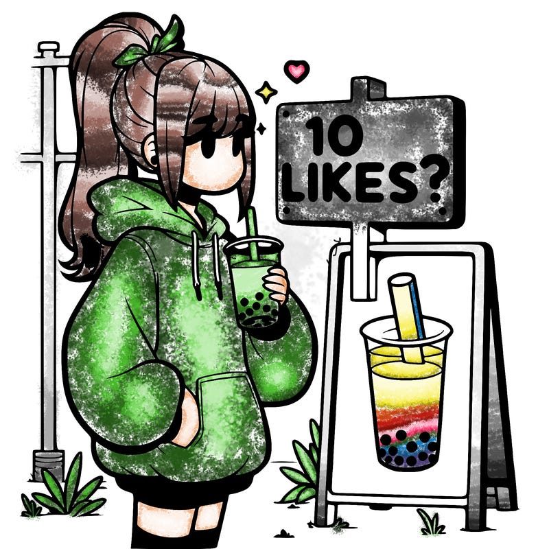girl with oversized hoodie drinking boba and she has a high ponytail with a sign that says 10likes?