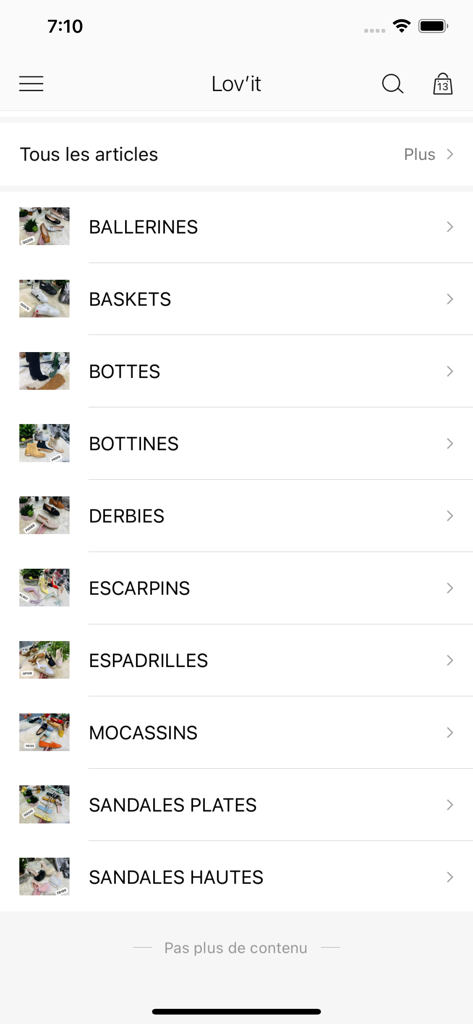 LOV'IT app screen showing a list of women's shoe categories for wholesale buyers