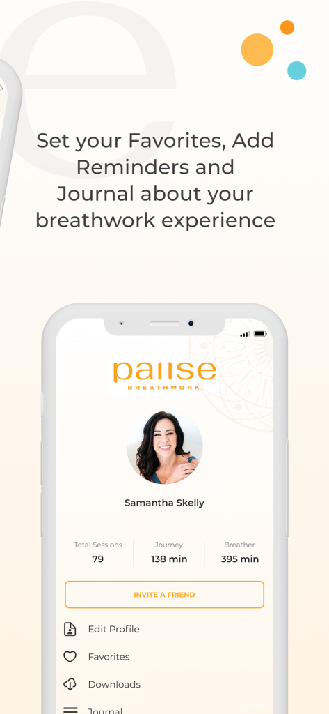 Pause Breathwork Exercises - Pause Breathwork app user profile interface displaying session statistics, favorites, and journaling features