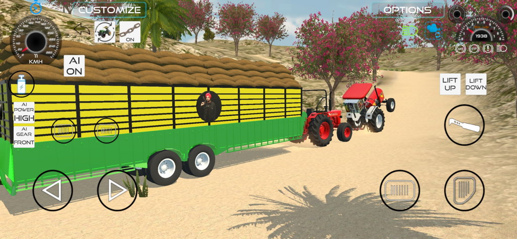 Un tractor rojo tirando de un remolque verde muy cargado en el juego Indian Vehicle Simulator 3D