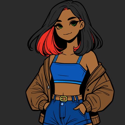 a realistic girl with a crop top and short shorts in an open jacket