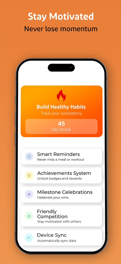 Calorii: All in One Fitness - Calorii fitness app screen displaying a 45 day habit streak and motivational features like smart reminders and achievements