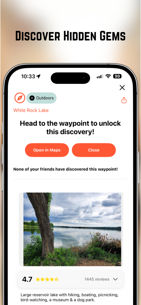 Open WorldアプリのWhite Rock Lakeにある隠れた名所のロックを解除するためのウェイポイントを示すモバイル画面。